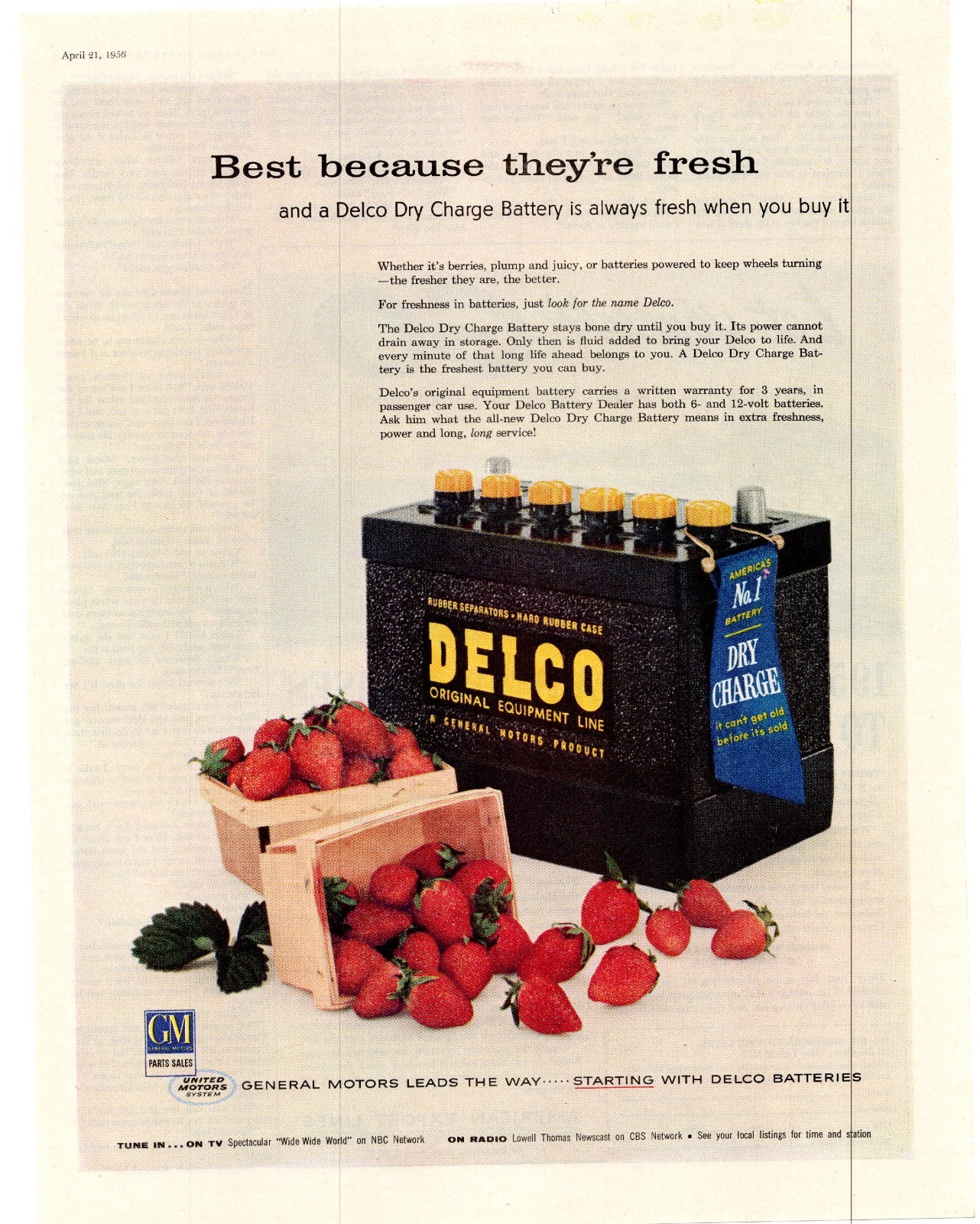 1956 Delco Dry Charge Battery is Always Fresh Power Single Page Print Ad