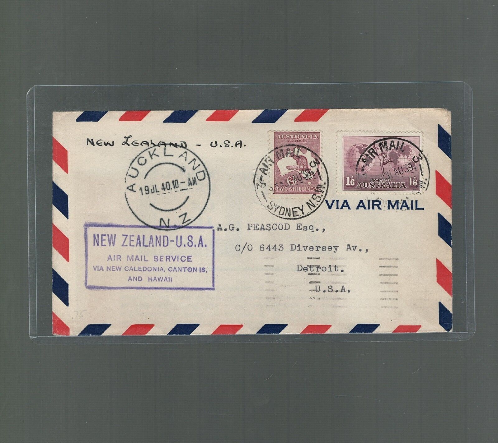 Australia First Flight Cover Sydney to Auckland New Zealand - San Francisco 1940