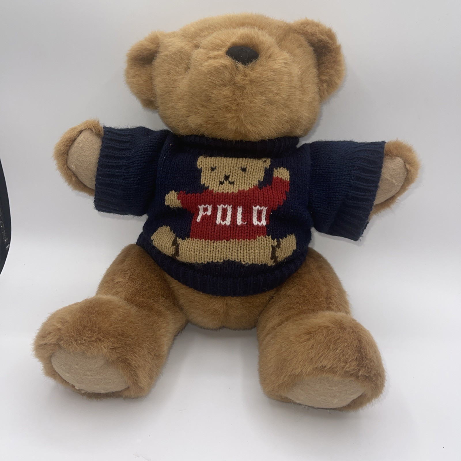 1997 Polo Ralph Lauren 14” Plush Teddy Bear Navy Bear Sweater Jointed Legs
