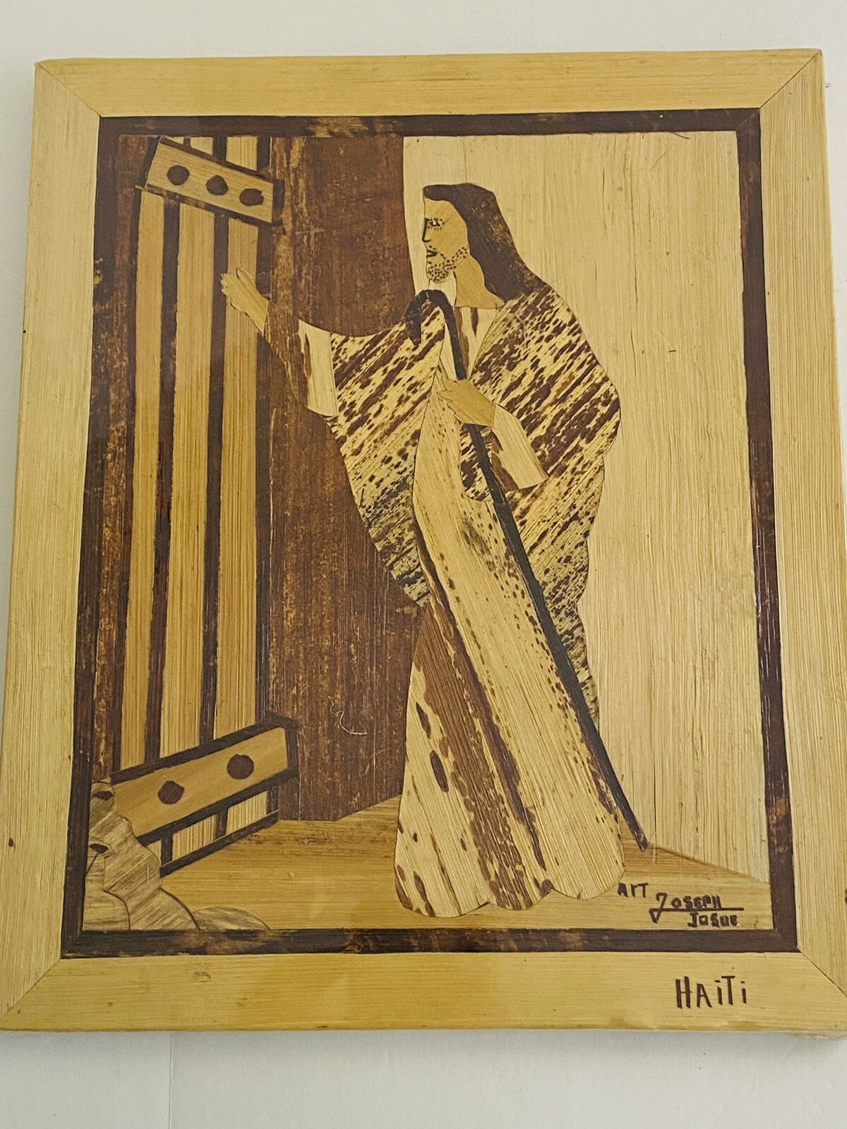 Josue Joseph Folk Art Wood Carved Jesus Knocking Door Pyrography 10” X 12” in