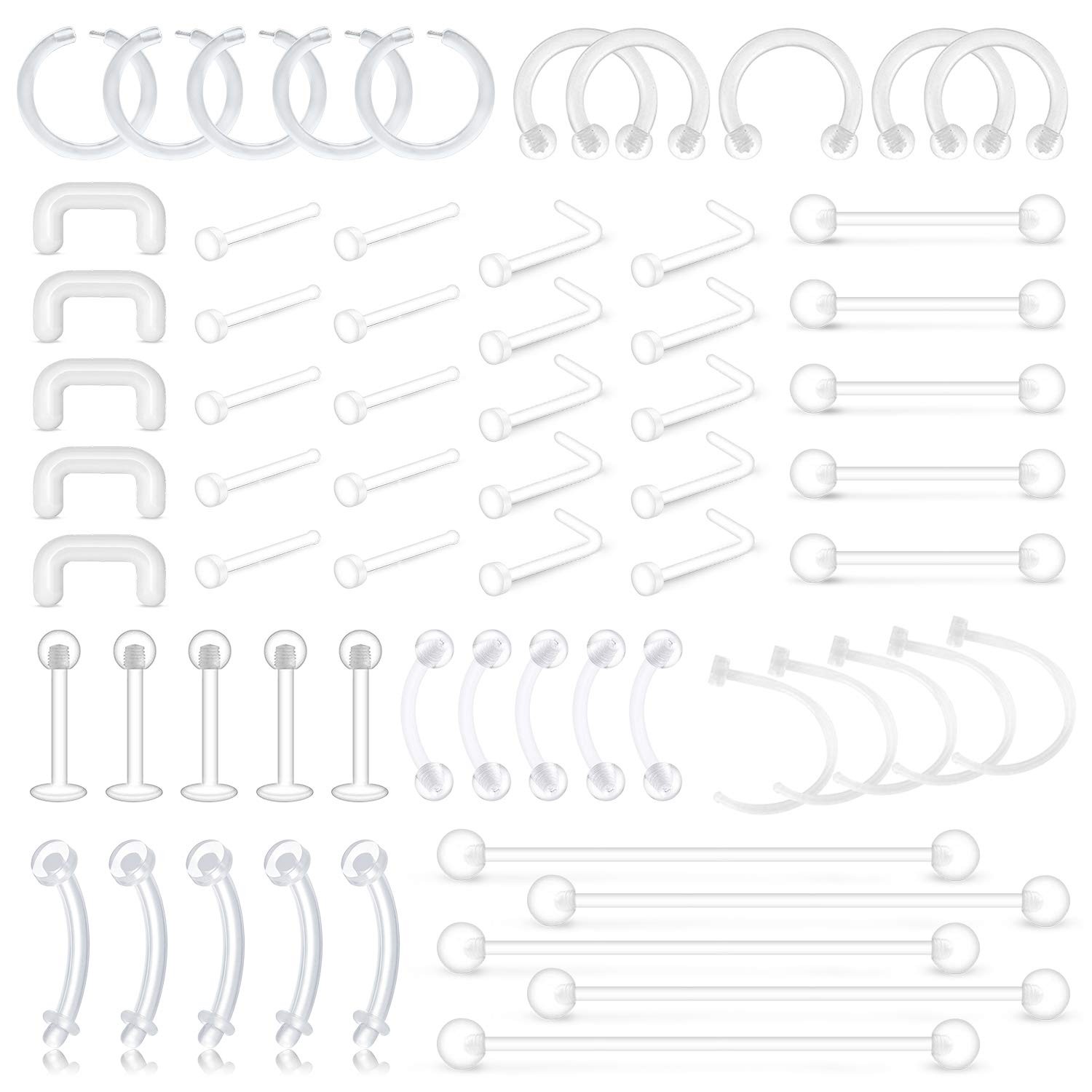 D.Bella 65pcs Mix Style Clear Piercing 16g, 18g, 14g, 65 Pcs B 