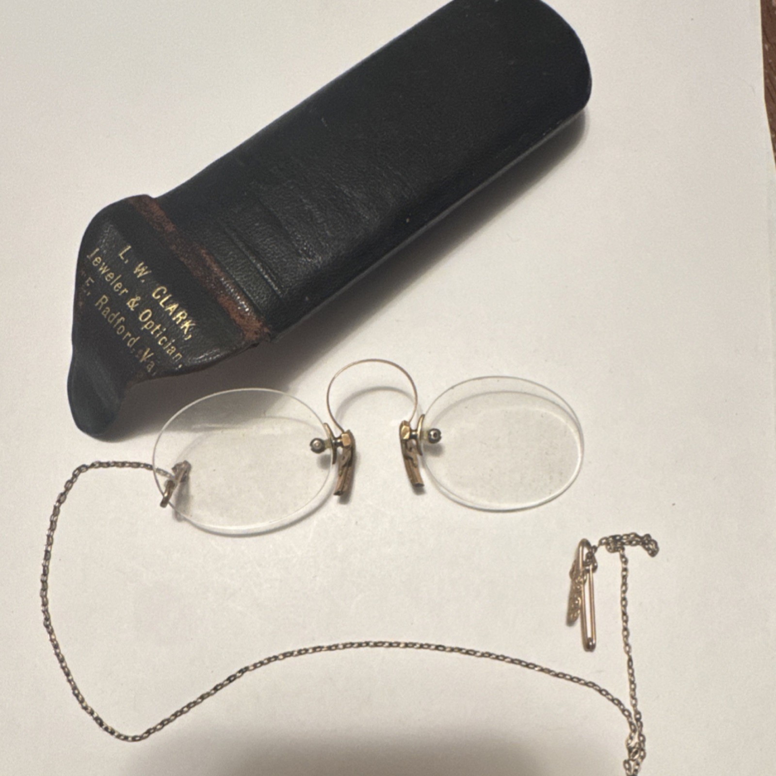 L. W. Clark Antique Pince-Nez Eyeglasses with Chain and Case Turn of the Century