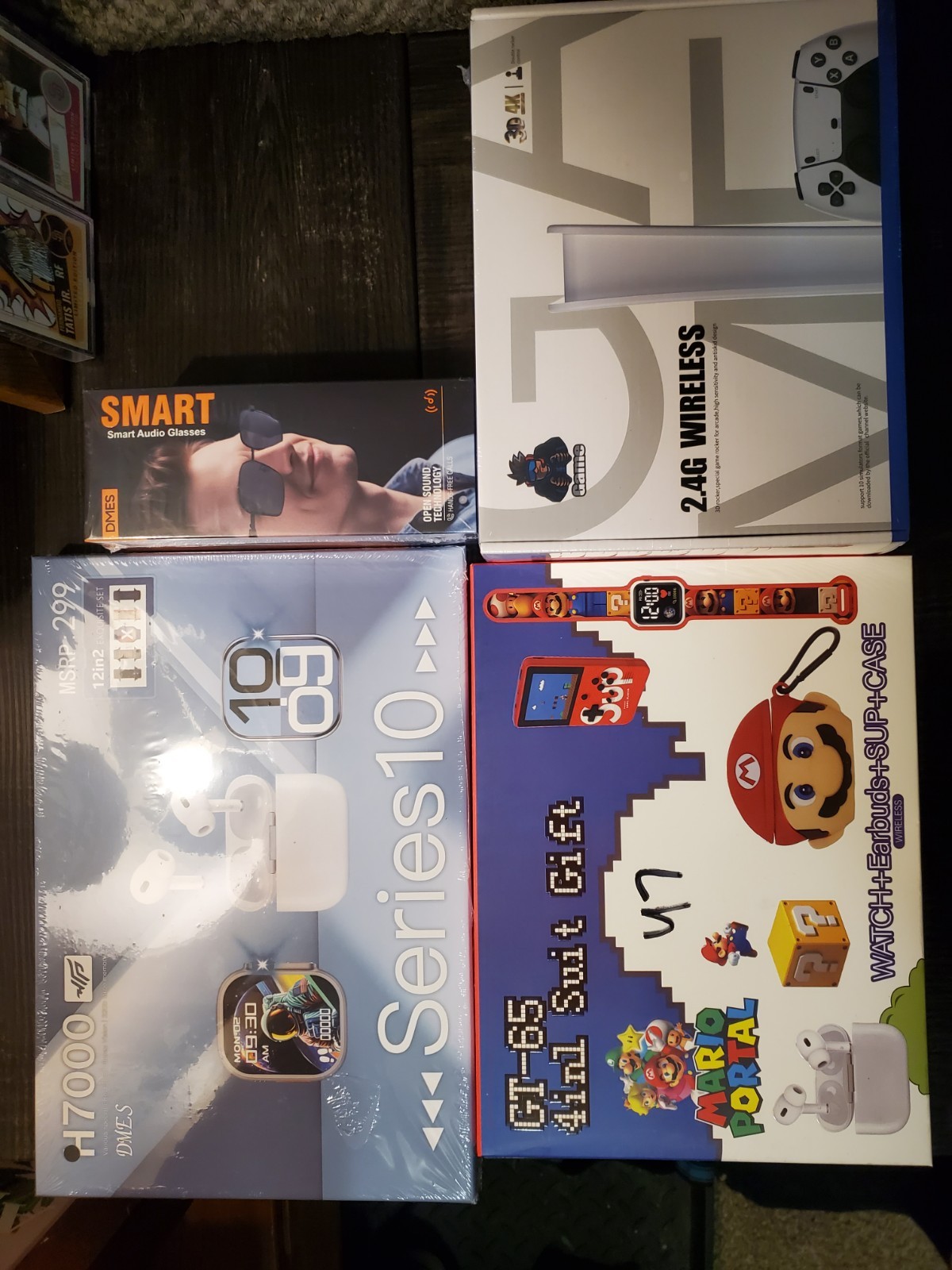 5 Pc. Lot Smart Glasses, Smartwatch Earbuds, 2x Mario Gift Set, 2.4G Wireless