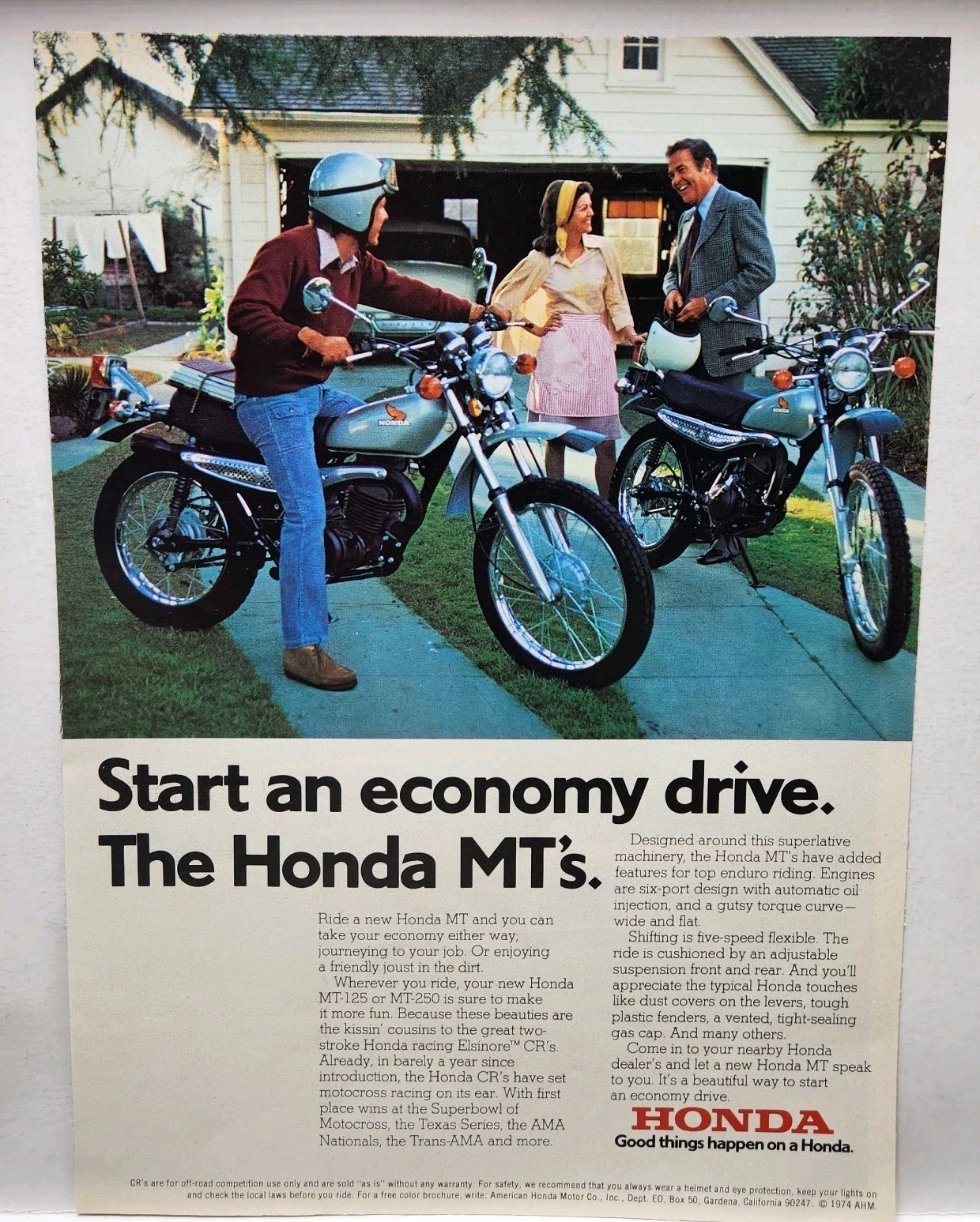 1974 Honda MT-125 MT-250 Motorcycle Motocross Print Ad Man Cave Poster Art 70s