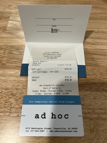 Ad Hoc Restaurant (Thomas Keller) Gift Card - $150