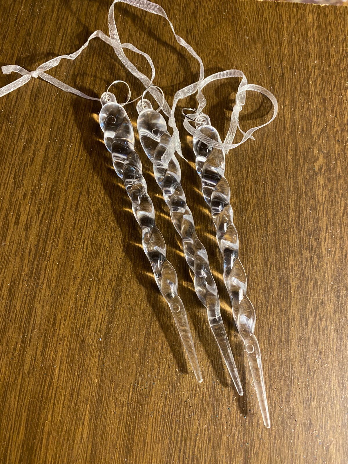 3 Clear Lucite Icicle Finial Twist Christmas Ornaments 5"