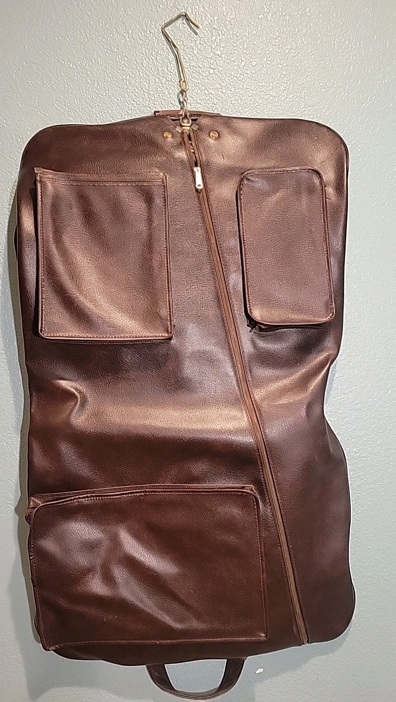 Vintage Leather Garment Brown Suit Bag W/Hanger, Zippers Lined 3 Pockets 
