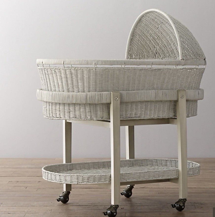 RH Baby & Child Heirloom Wicker Bassinet w/ Stand Whitewashed Natural Linen