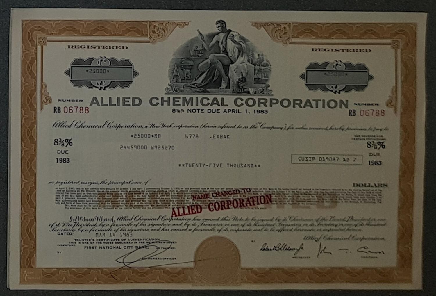 49 X Allied Chemical Corporation 8 3/8 Note Due 1983 Various Denominations Red On
