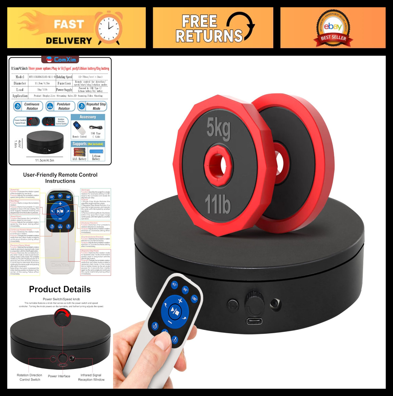 Motorized 360° Rotating Display Stand with Remote - Electric Turntable for Photo