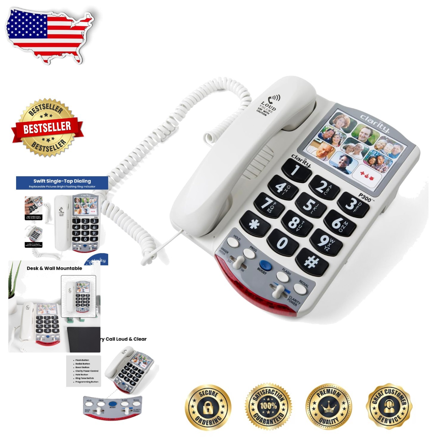 Enhanced Corded Phone P300, Clear Audio, Easy Use, White, 26dB Amplification