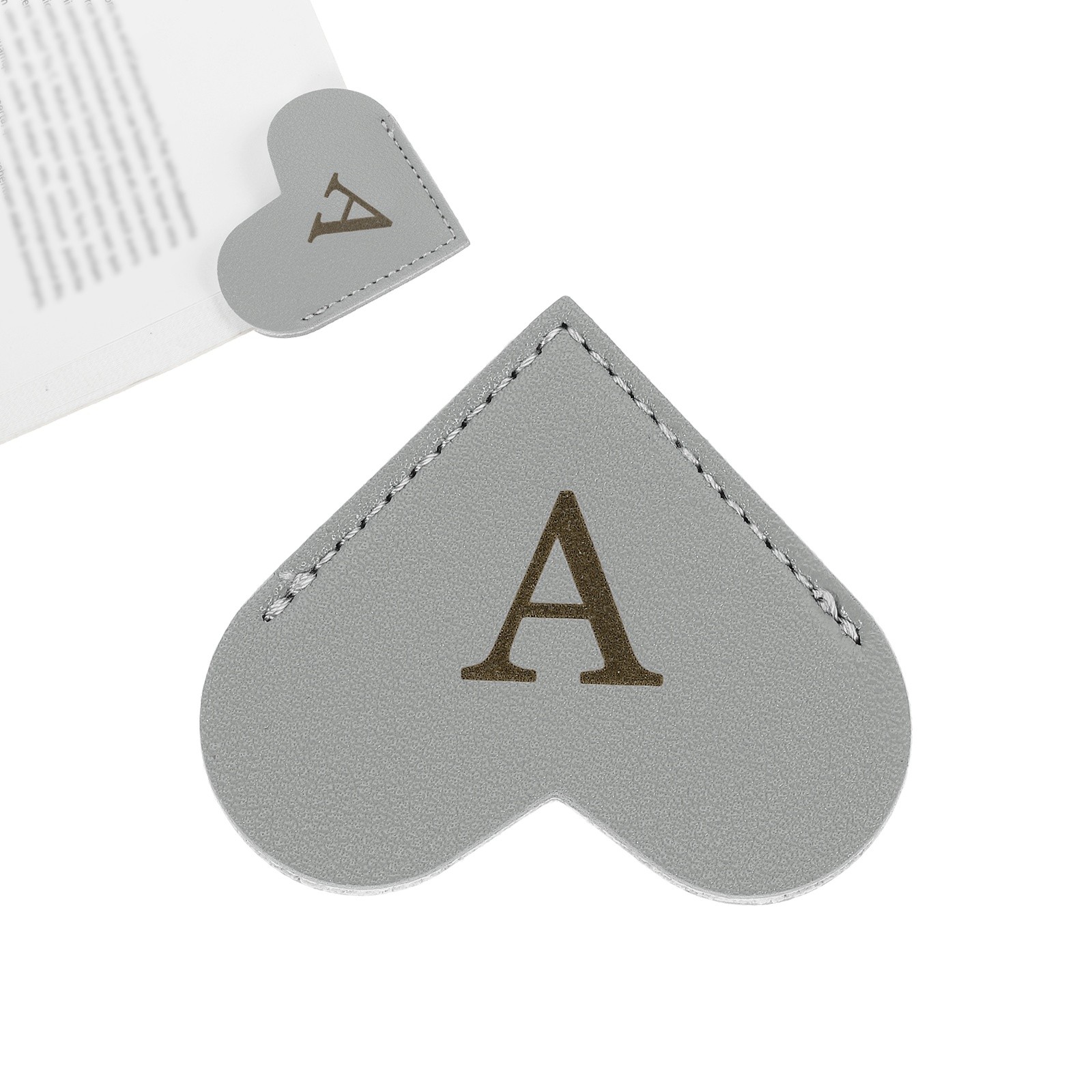 Initial A Corner Bookmarks,  Heart Shape Leather Book Marks Markers, Gray