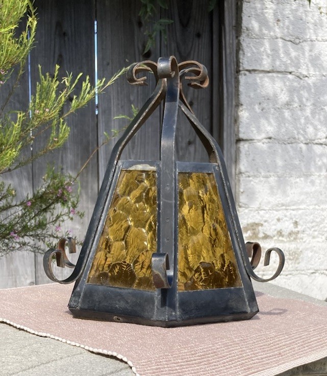 Parts Vintage Textured Amber Glass and Metal  Swag Lamp Shade