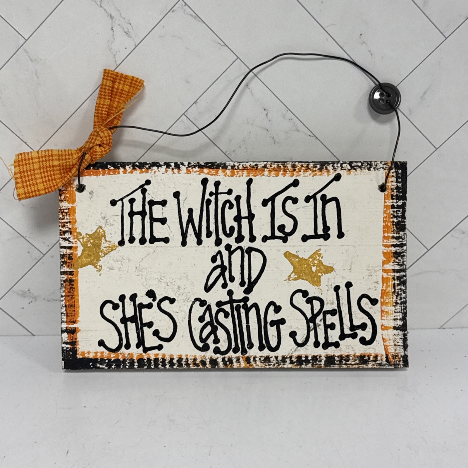 Vintage Riverfolk Hand Crafted Wooden Halloween Decor Sign Witch is In... 6x4" 