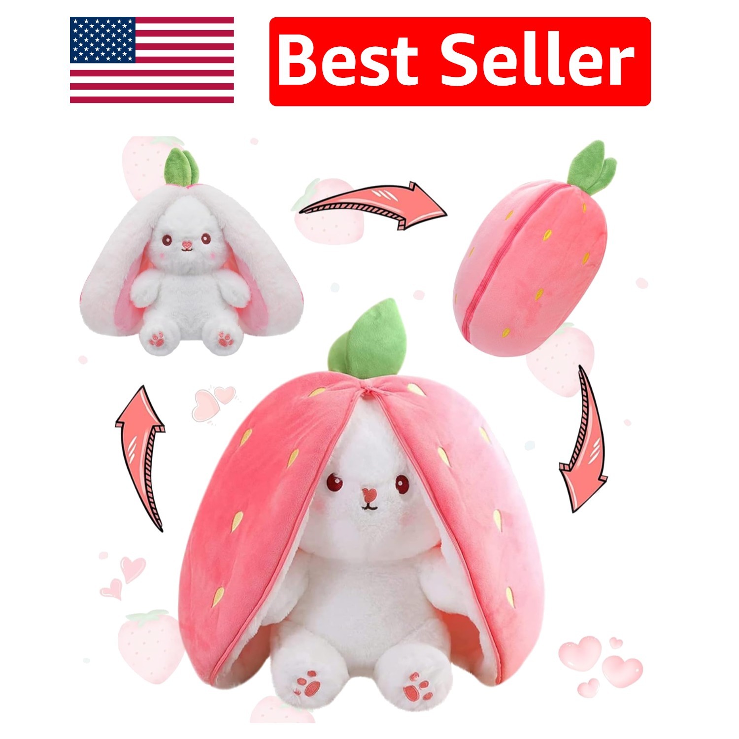 Soft Transformable Bunny Stuffed Animal - 7 Inch Strawberry Plush Toy