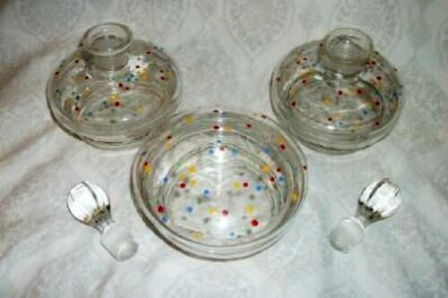 Cottagecore Art Deco Czech Crystal Vanity Set Dots Squiggles 1920 Perfume Powder