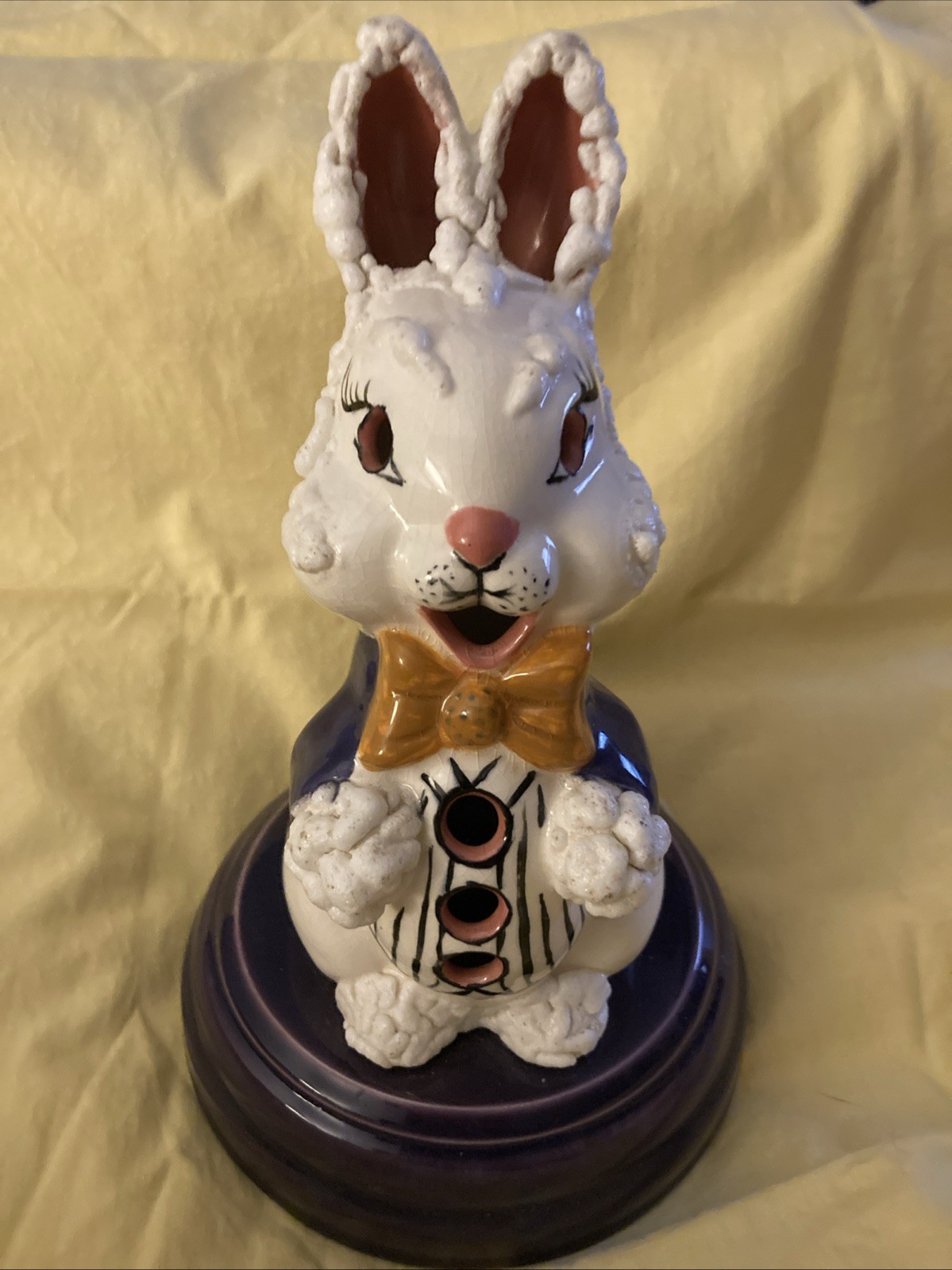 🌻Vtg Retro Rabbit Bunny Ceramic Night Light Unusual Purple Base & Coat Easter