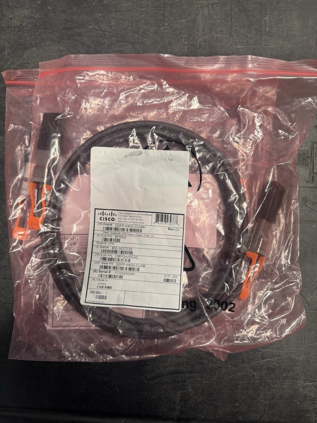 NEW Cisco Genuine QSFP-H40G-CU3M 3M 40GBase QSFP DAC Passive Twinax Cable
