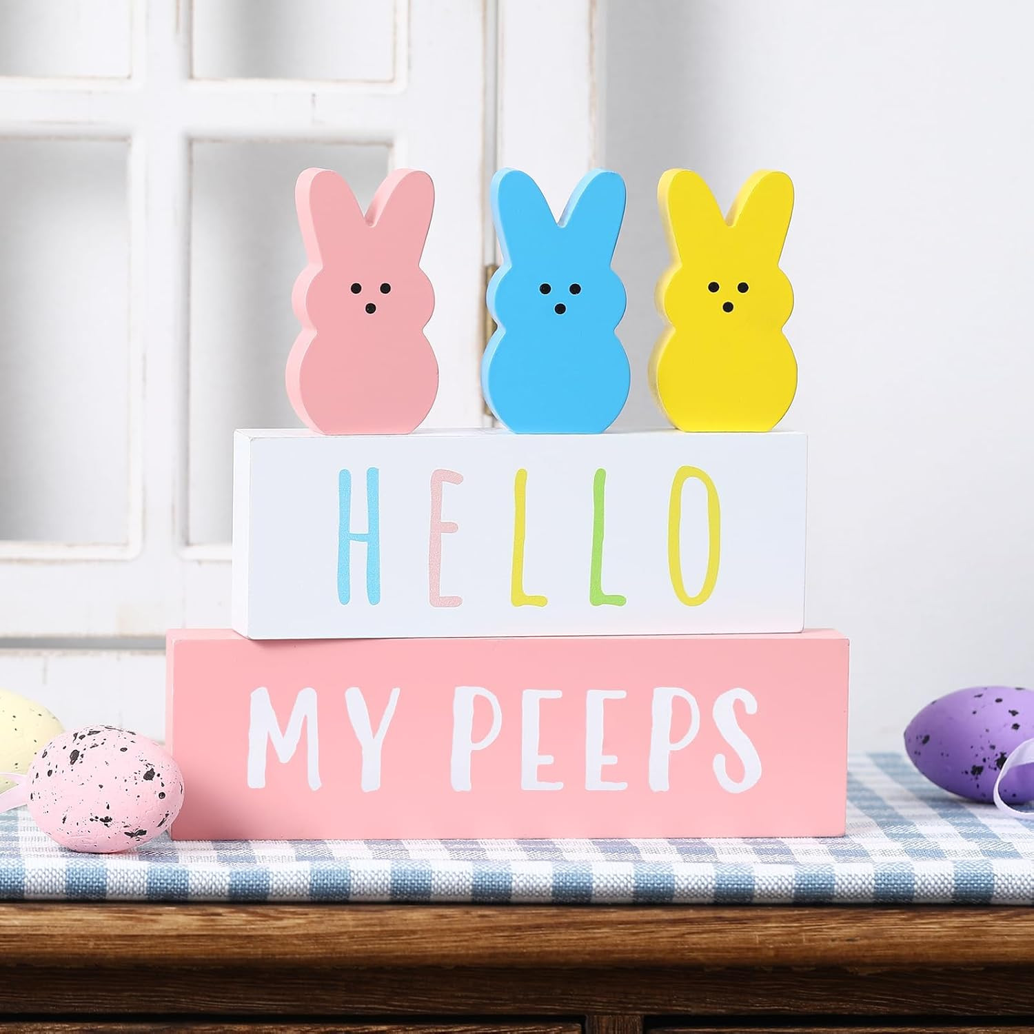 Easter Decorations-5Pcs Wooden Block Sign-Cute Peep Wooden Bunny Set for Spring 