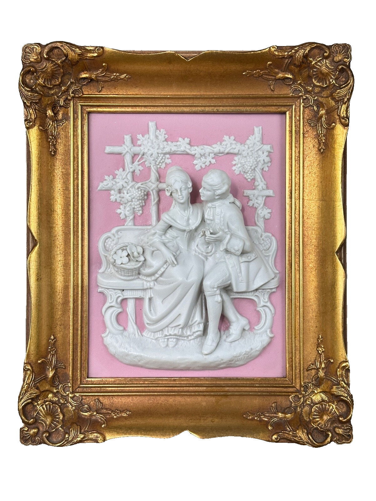 Antique Plate Porcelain of Meissen Couple Romantic Rococco Frame Gold Castle