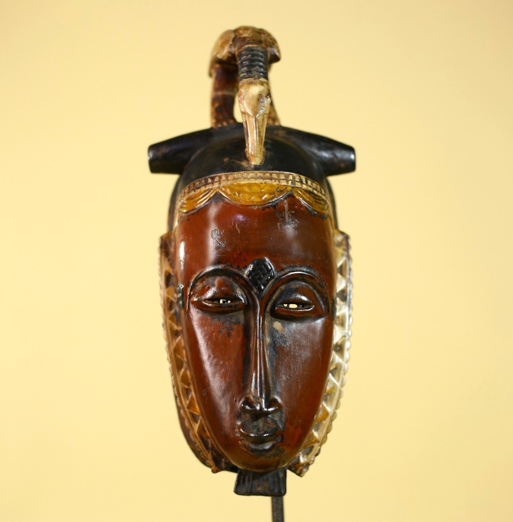 African Wooden Mask Baule Style Hand Carved Tribal Wall Art-G6150