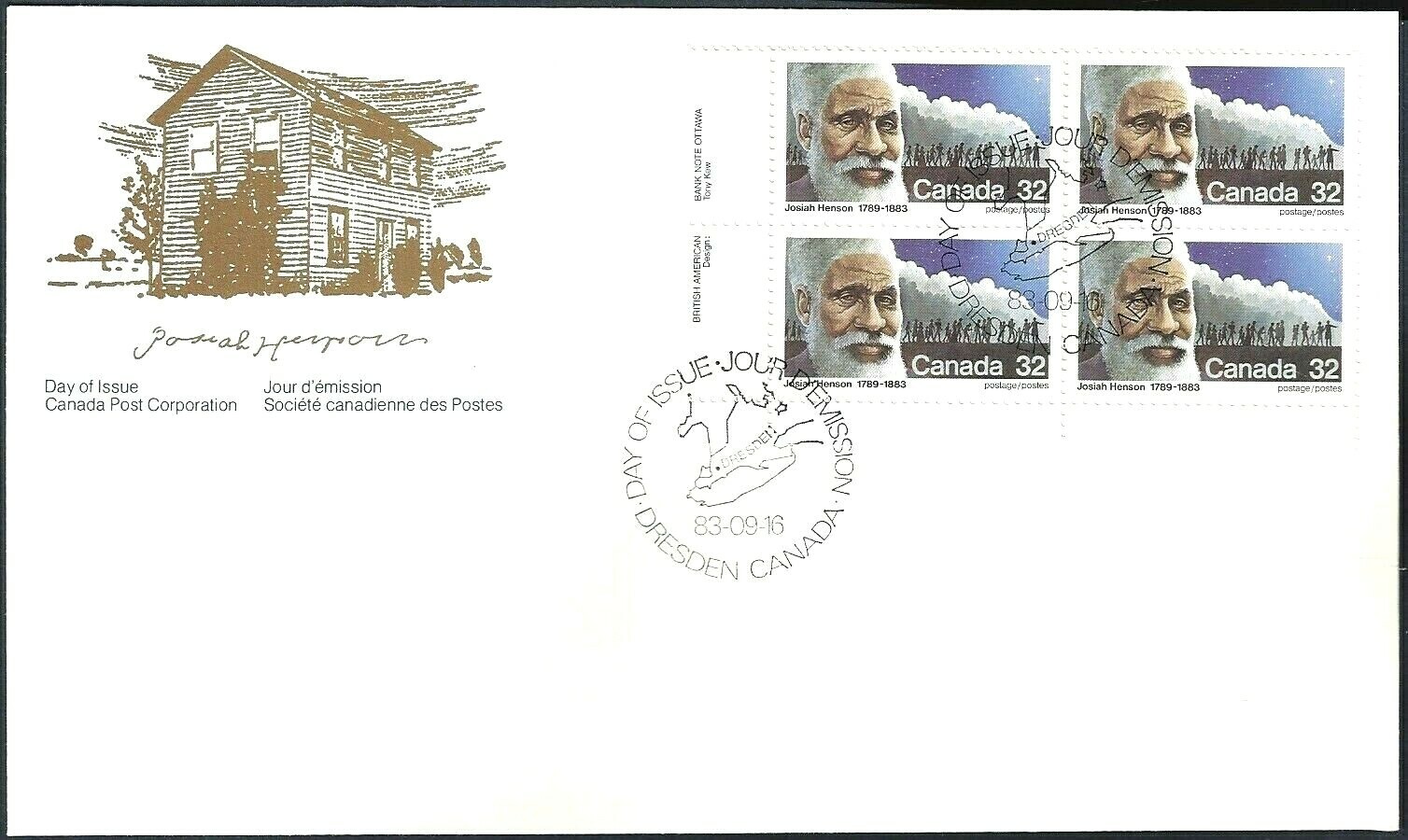 🍁Canada   #997 LLpb    "JOSIAH HENSON"     Brand New  1983 First Day Cover
