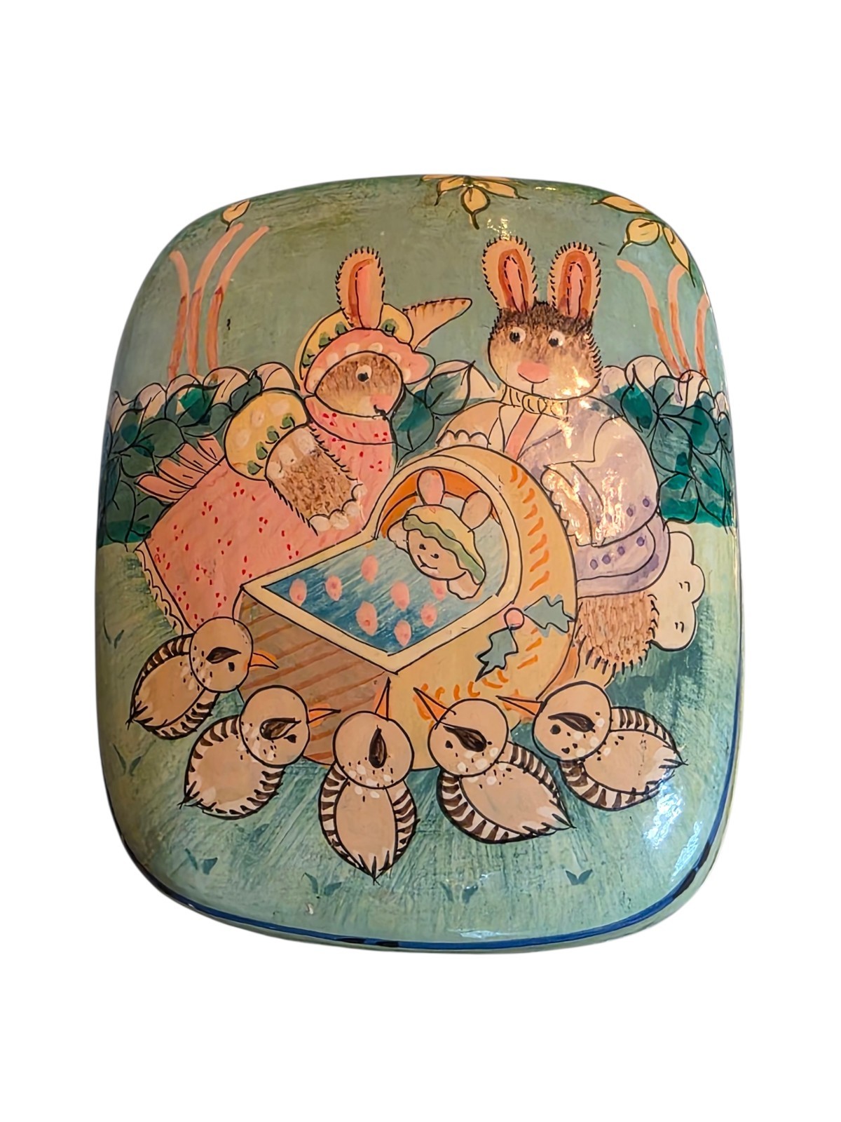 Vintage Lacquered Paper Mache Trinket Box Hand Painted Easter Bunny Chicks