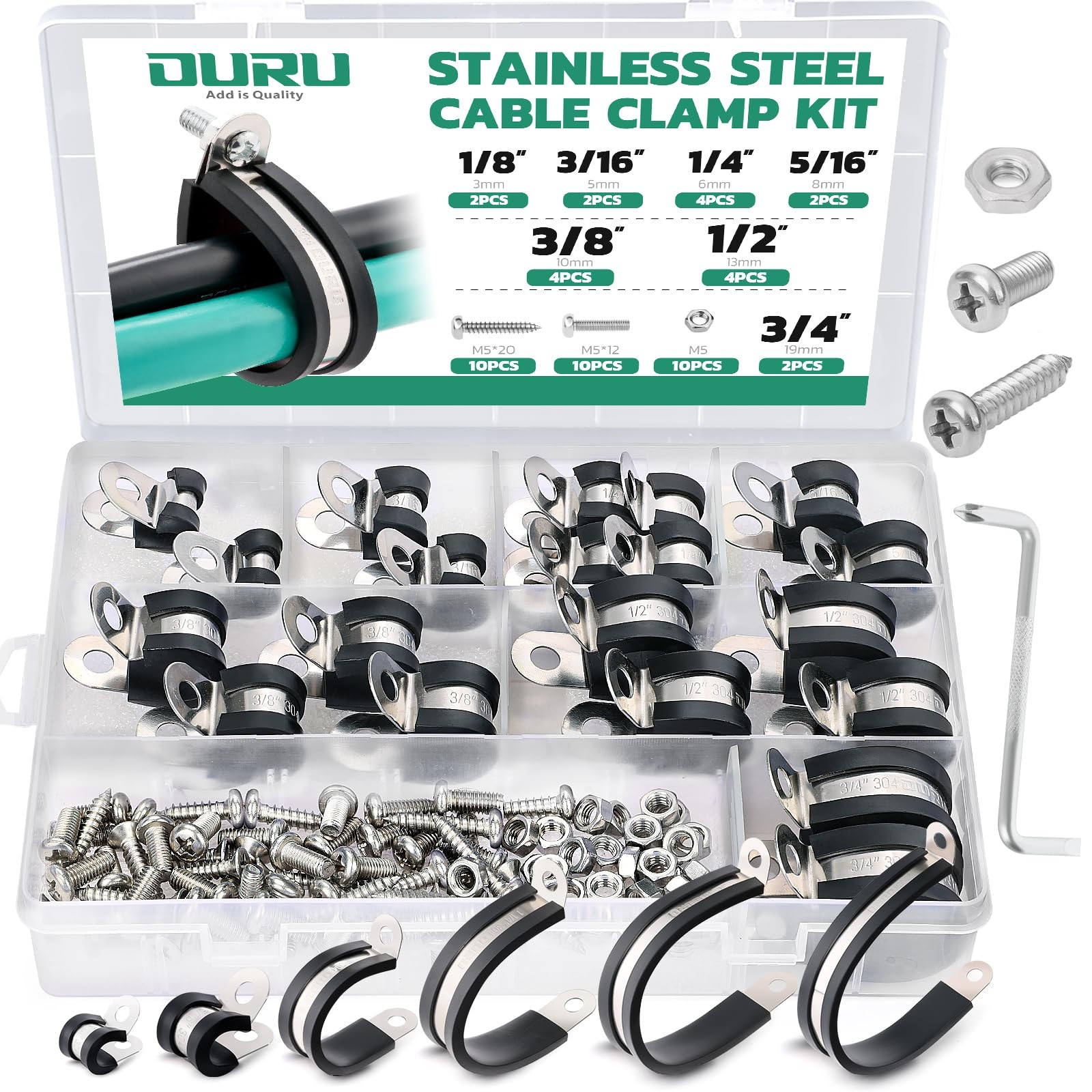 50PCS Cable Clamps with Screws Assortment Kit 304 Stainless Steel Rubber Coat...