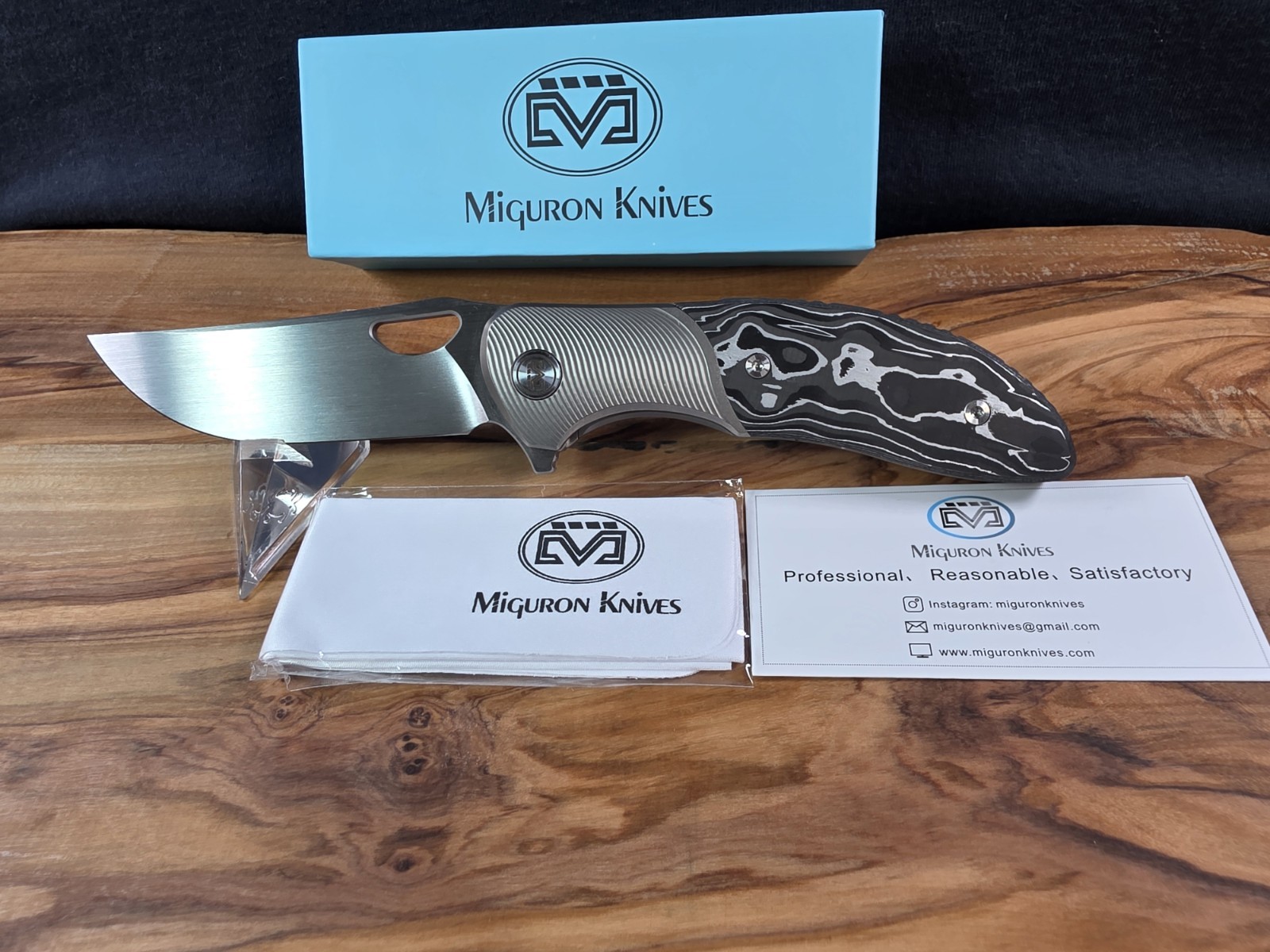 Miguron Dromos Silver Carbon Fiber & Titanium Handle & M390 Folding Pocket Knife