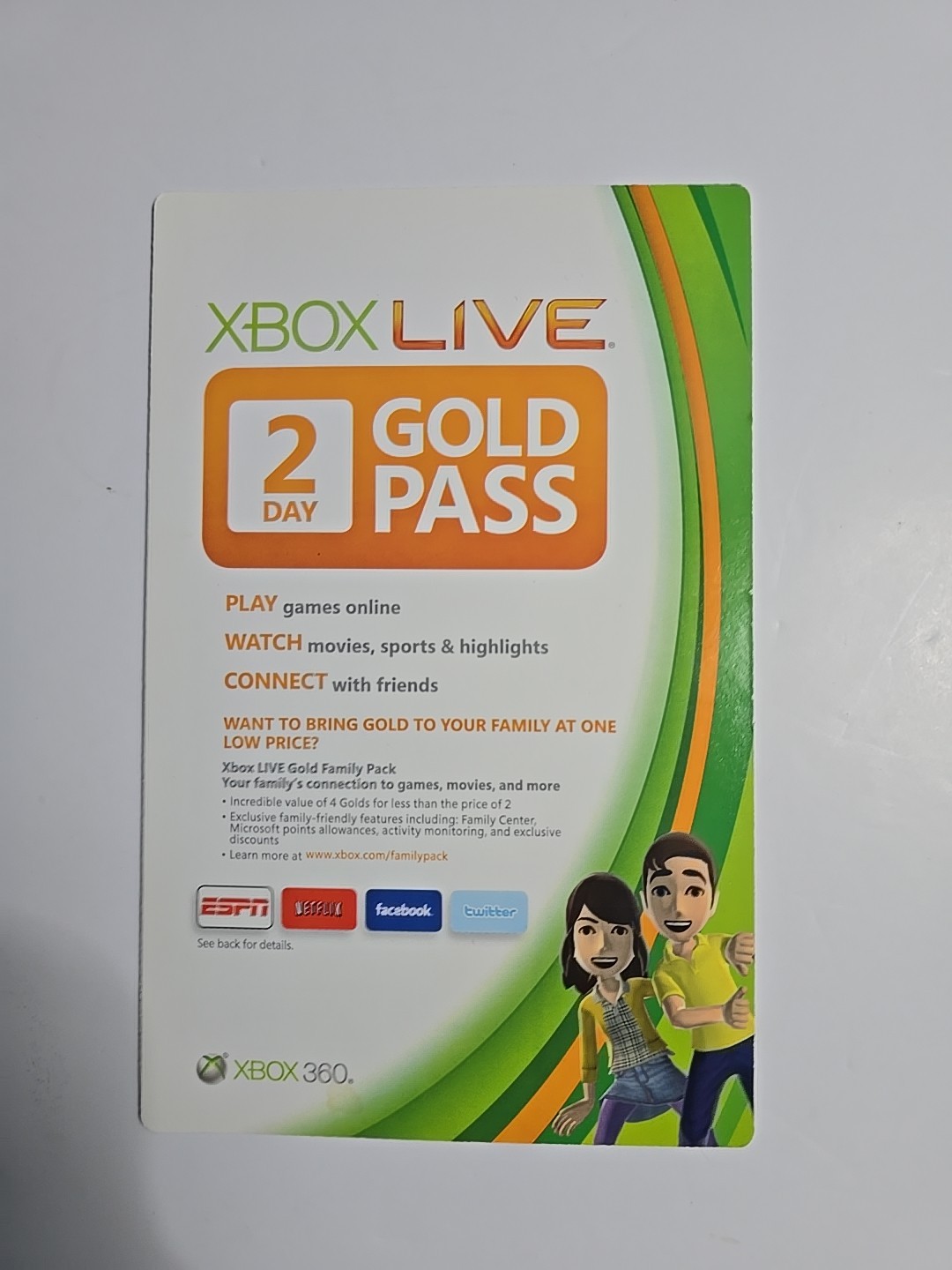 XBOX  360 Xbox Live 2 Day Gold Pass Card 2010 Unused