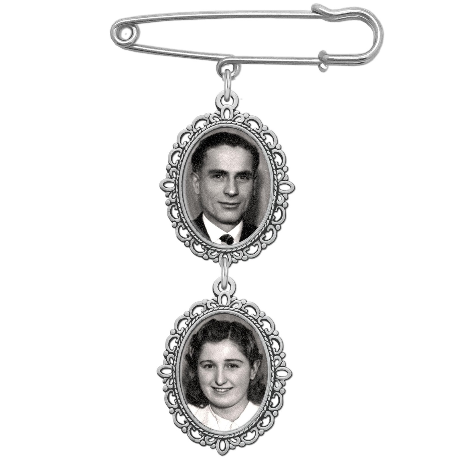 Wedding Bouquet Photo Charm Pin Cascading Double Oval Frame for Bride's Flowe...