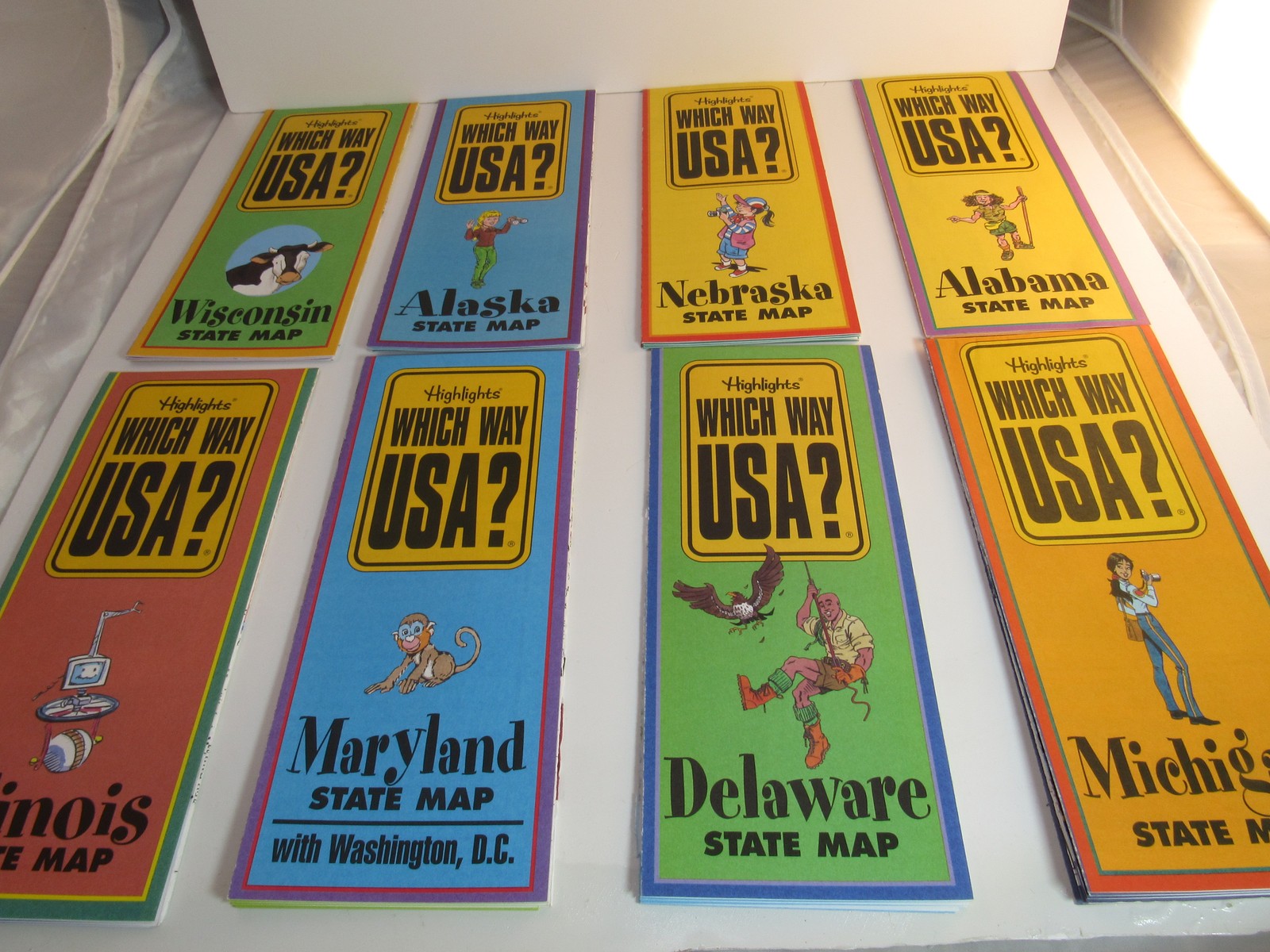 Lot of 8 Highlights Which Way USA? State Maps Wisconsin Alaska Nebraska Alabama