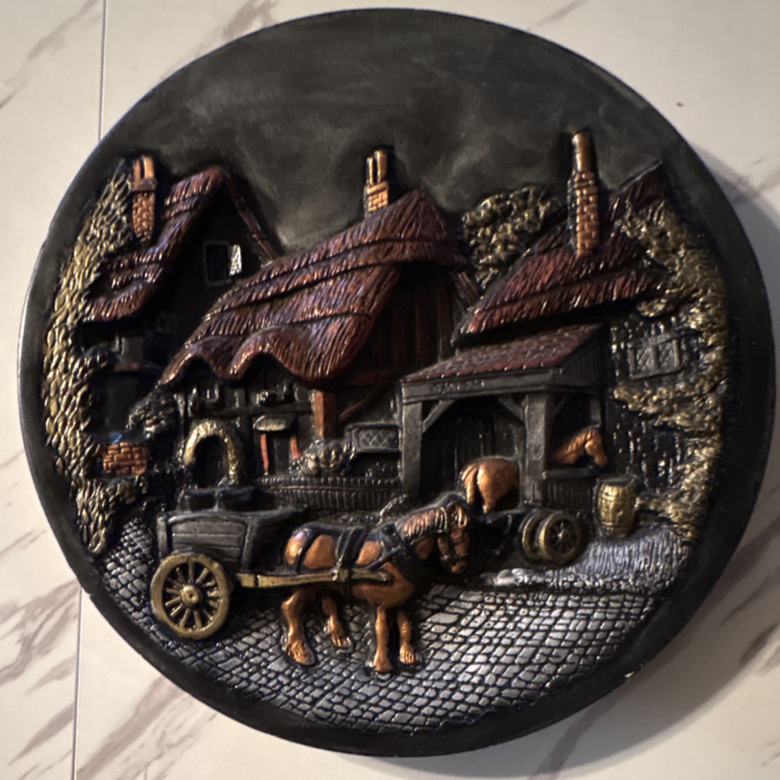 Vintage 3D Plaster Relief Wall Plaque Blacksmith Village Scene Horse Carriage