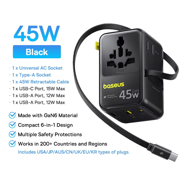 【New】 6-IN-1 Gan Phone Charger Universal Travel Adapter 45W/70W Retractable Cabl
