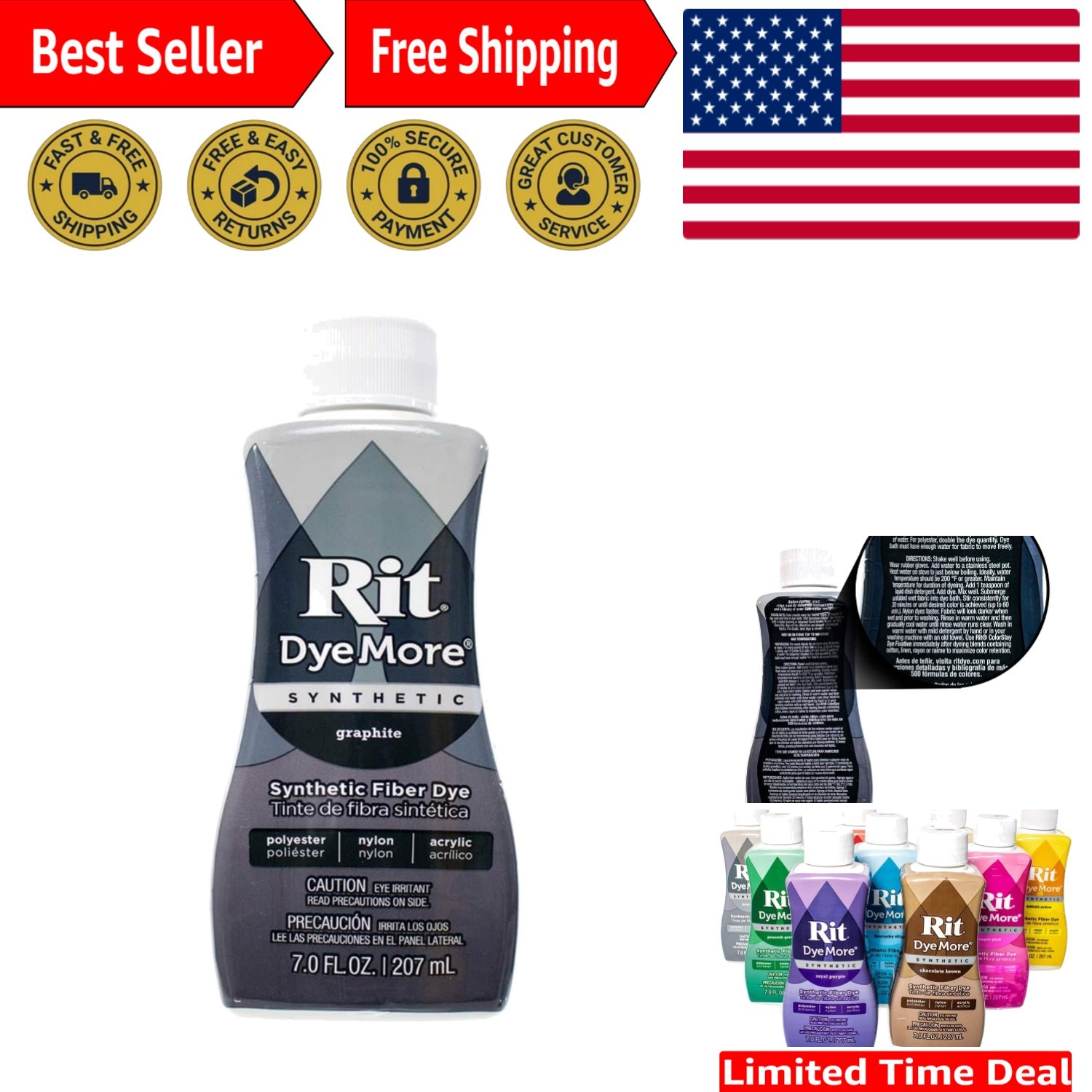 Rit DyeMore 7 Oz. Graphite Liquid Fiber Dye for Sustainable Crafting & Décor