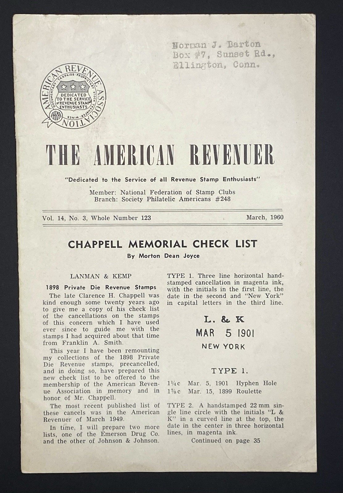 The American Revenuer Volume 14 No 3  Whole No 123 March 1960 Stamp Ephemera
