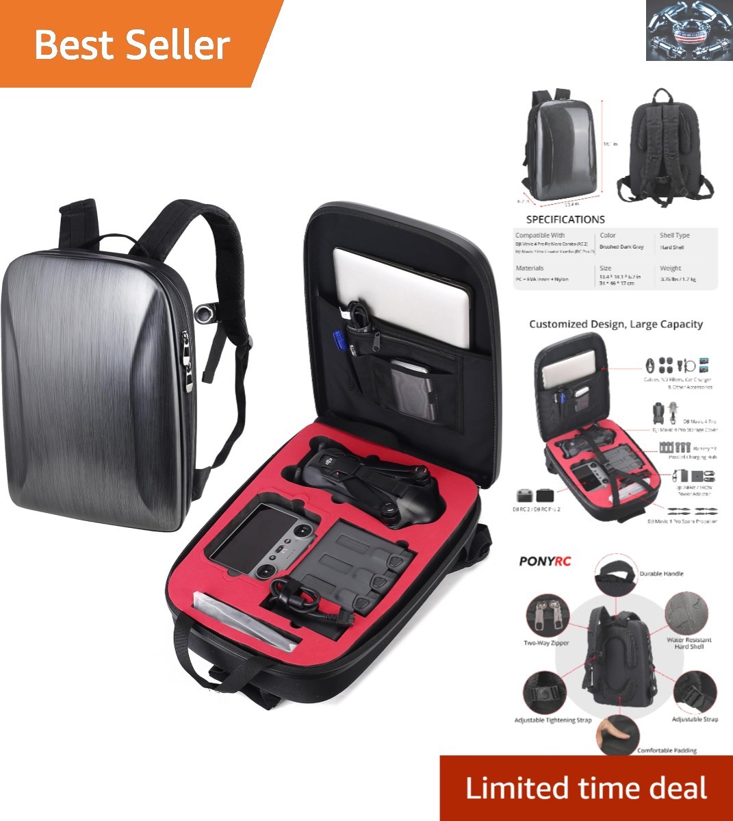 Mavic 4 Pro Waterproof Hard Shell Backpack with Custom Compartments for DJI Gear