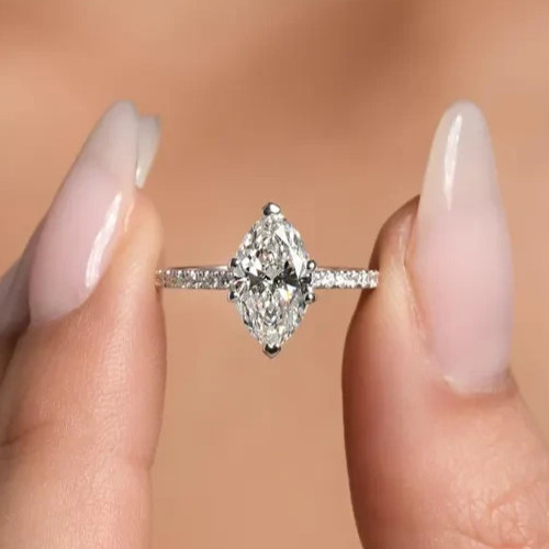 1.00CT Marquise Cut D Moissanite Prong Engagement Ring 14k White Gold Plated