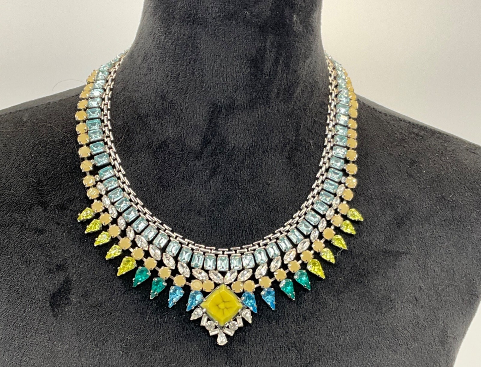 BCBGMAXAZRIA Statement Necklace W/ Crystal Accents & Yellow Center Stone Multico