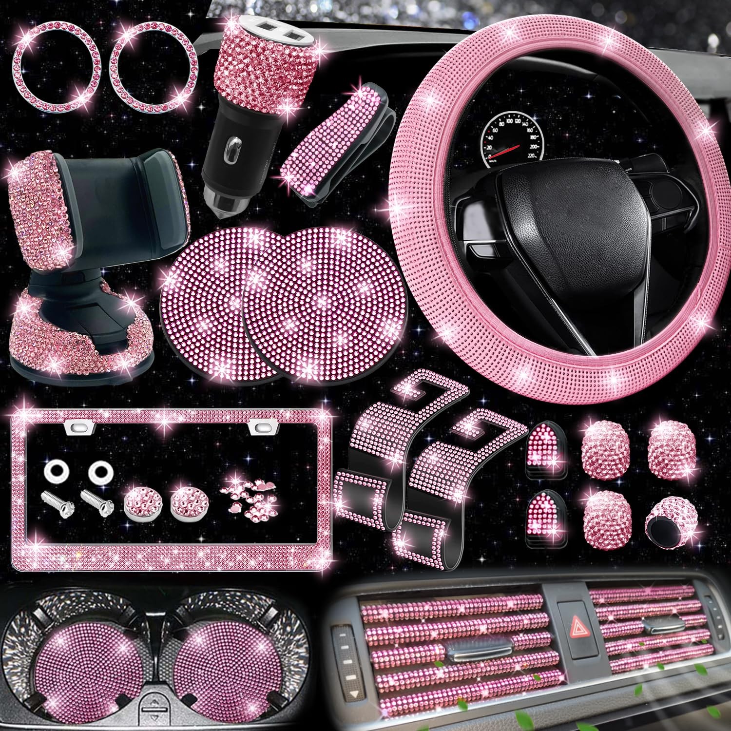 NBTEPEM 27-Pcs Bling Car Accessories Set - Universal Fit Steering Wheel Covers