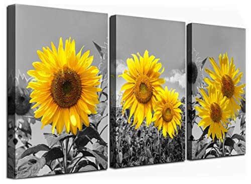 Sunflower Wall Art for Living Room Black White Flowers Wall Decor Yellow 
