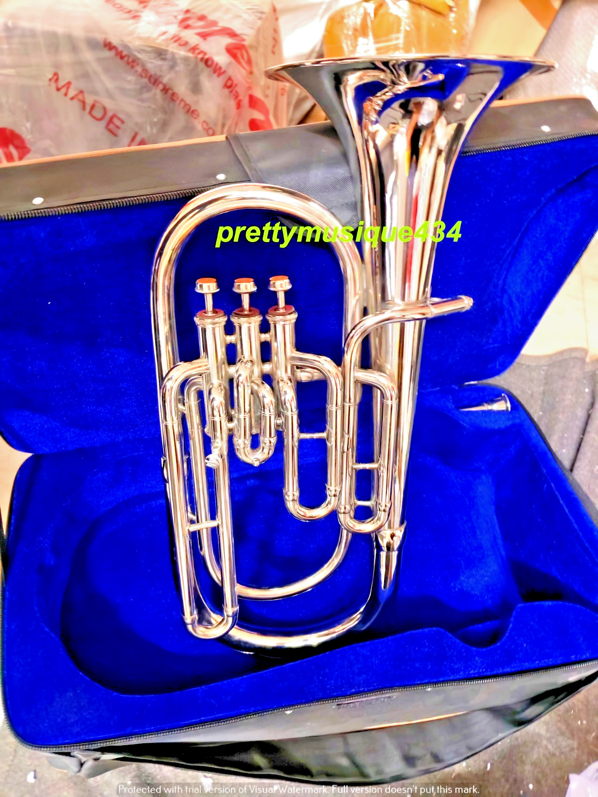 BARITONE HORN OF PURE BRASS METAL IN SILVER CHROME POLISH+CUSHION BOX+ FREE SHIP