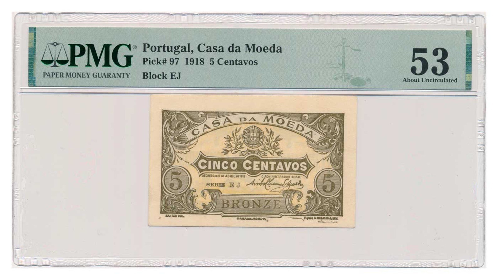 PORTUGAL banknote 5 Centavos 1918 PMG AU 53 About Uncirculated