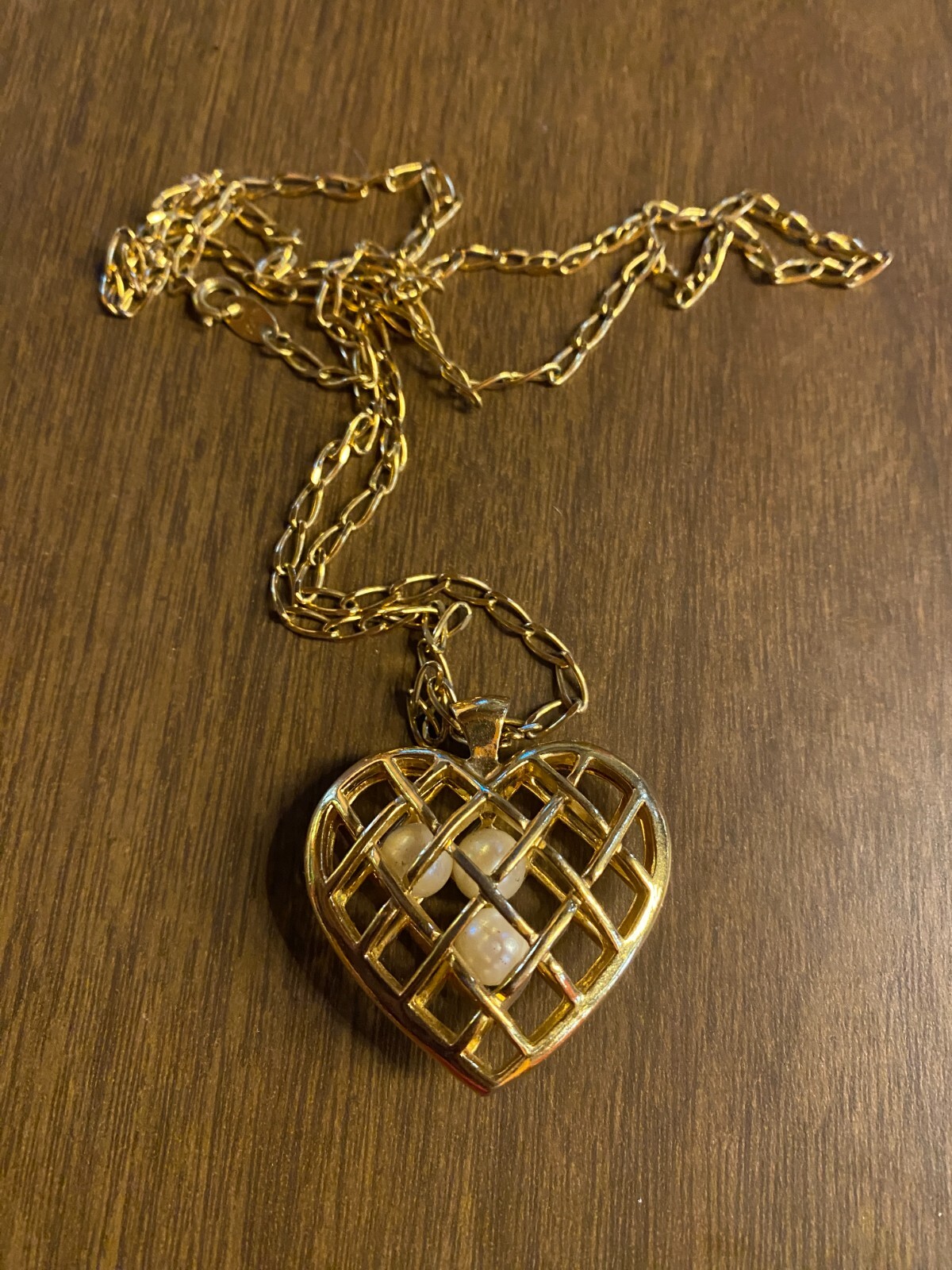 Gold Tone Faux Pearls Encased Heart Pendant 1 1/2" Chain Link Necklace 32" VTG