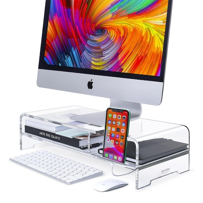 Acrylic Monitor Stand Riser Wide 20" 2 Tier Computer w/ Storage Desk Organizer