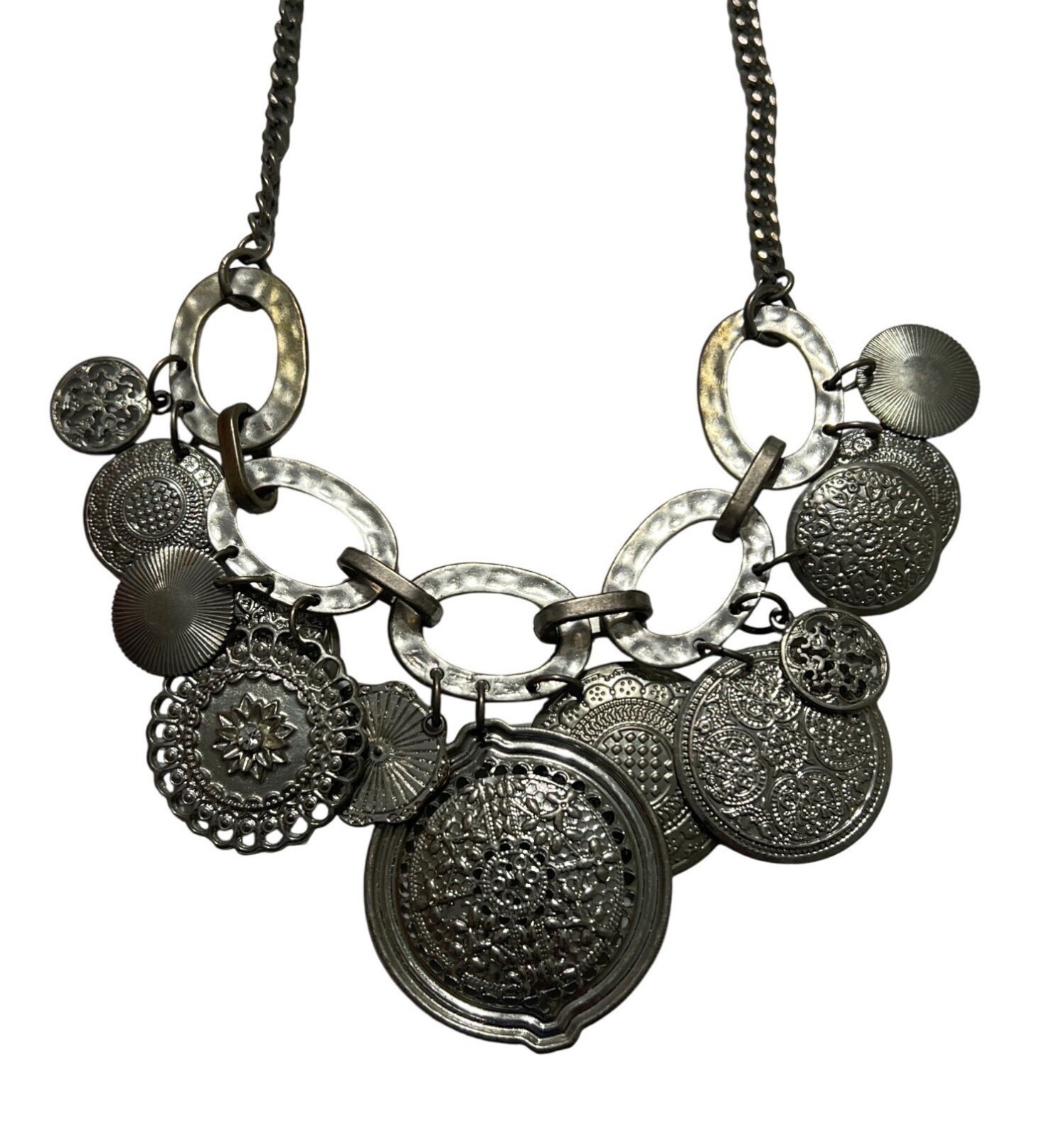 Vintage Silver-Tone Statement Necklace With Chain & Circular Embossed Pendants