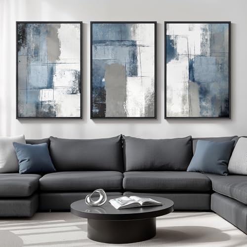 Large Framed Blue and Grey Abstract Wall Art for 24" W x 36" H x 3Pcs Blue Mist