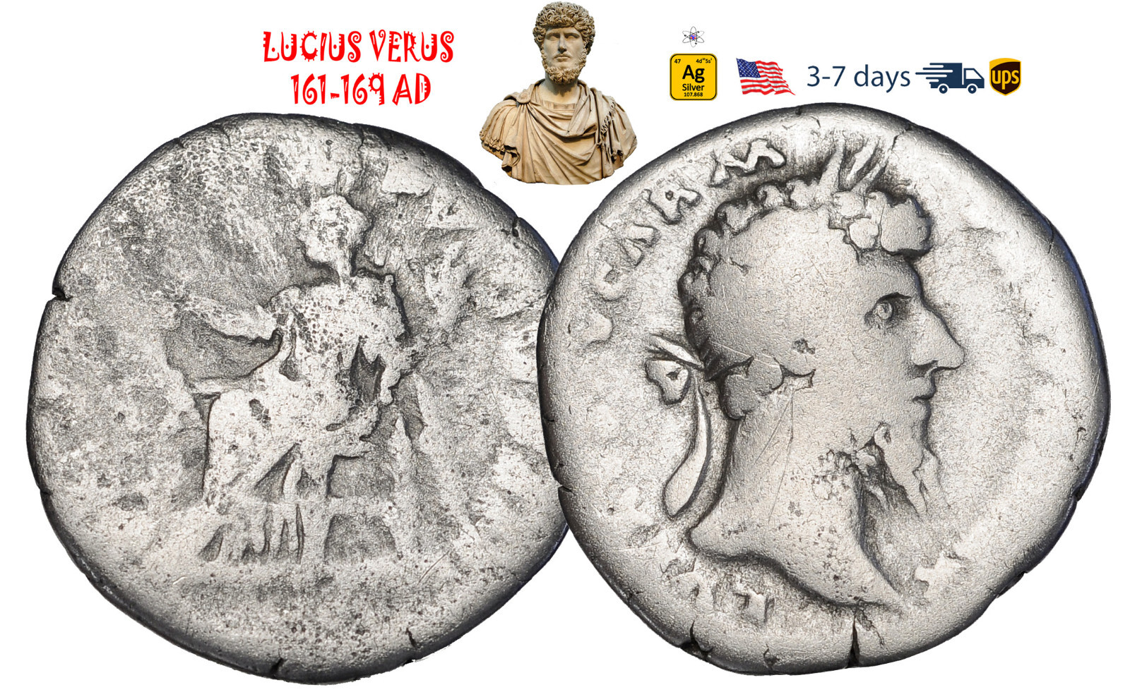 Ancient Roman Empire Coin Silver Denarius LUCIUS VERUS 161-169 Authentic #32445