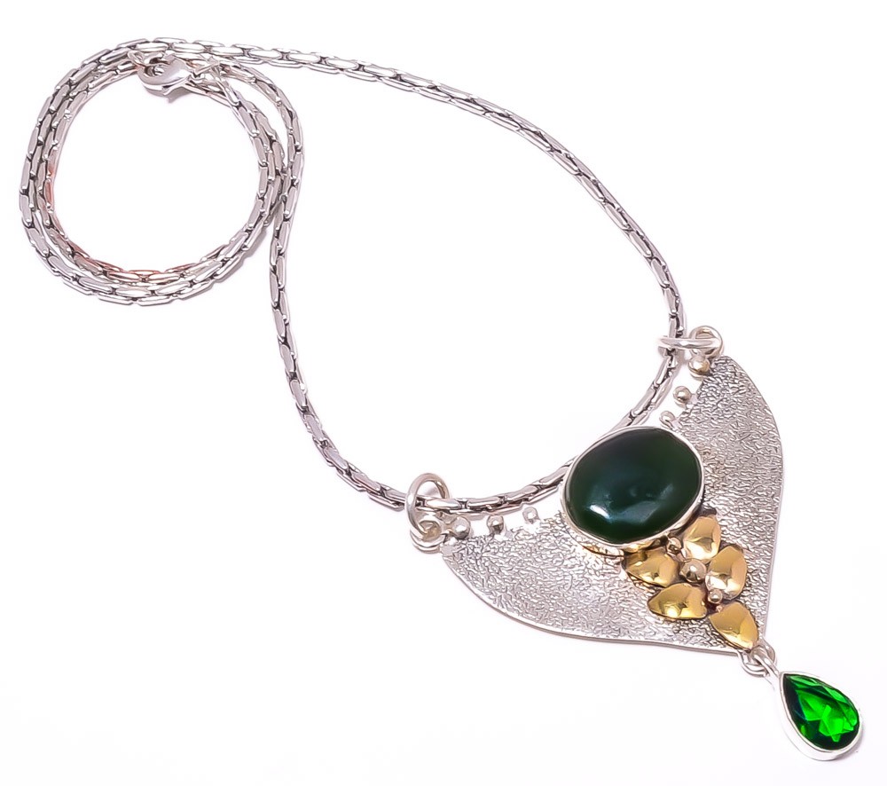 Nephrite Jade 925 Sterling Silver Pendant Chain Size P.2.54" C.17" CP10