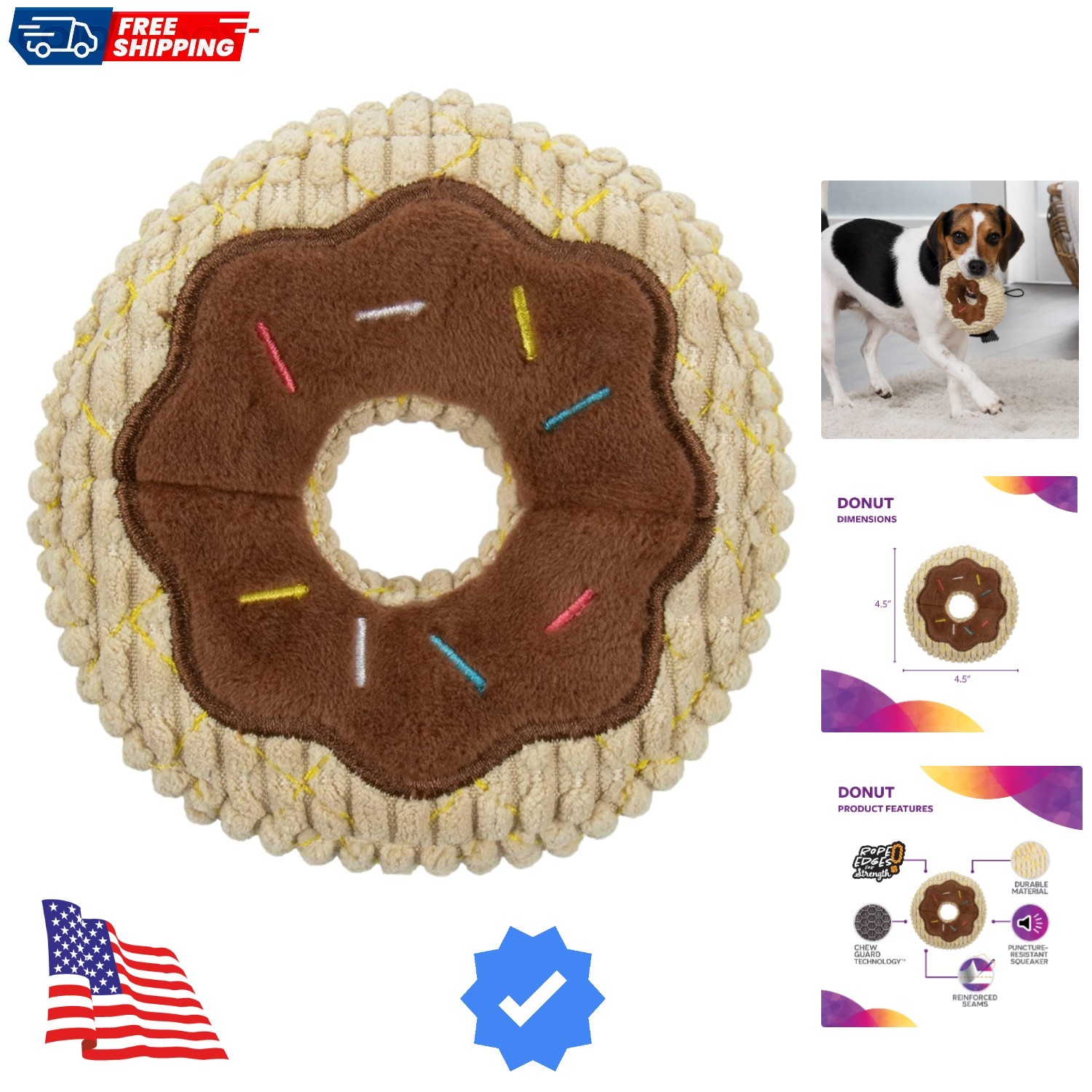 Tough 'N Fun Donut Squeaky Plush Dog Toy, Chew Guard Technology - Tan, Small